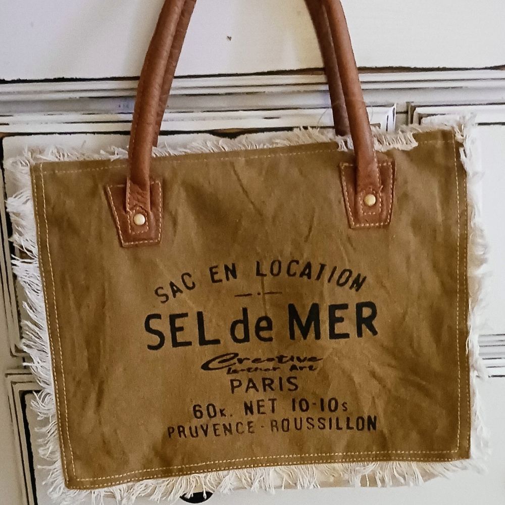 Sel De Mer Paris Canvas Tote Bag Tan Cream Fringe - Picture 9 of 12